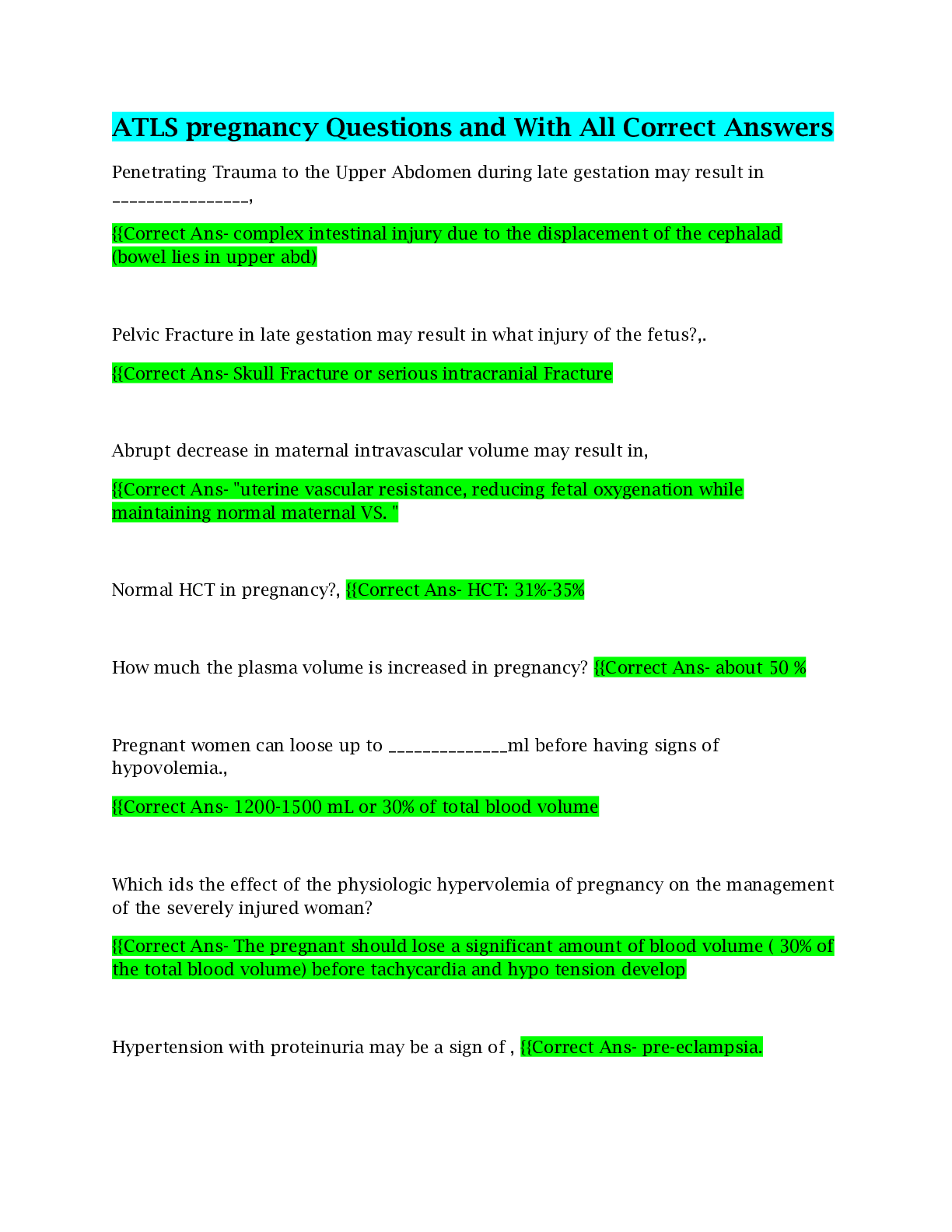 Preview image for ATLS pregnancy Questions and With All Correct Answers